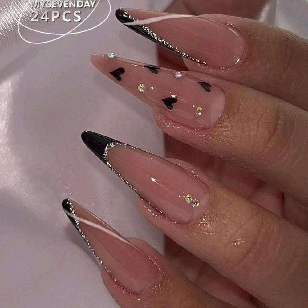 24Pcs Long Water Droplet Press-On Nails Heart Rhinestone sh